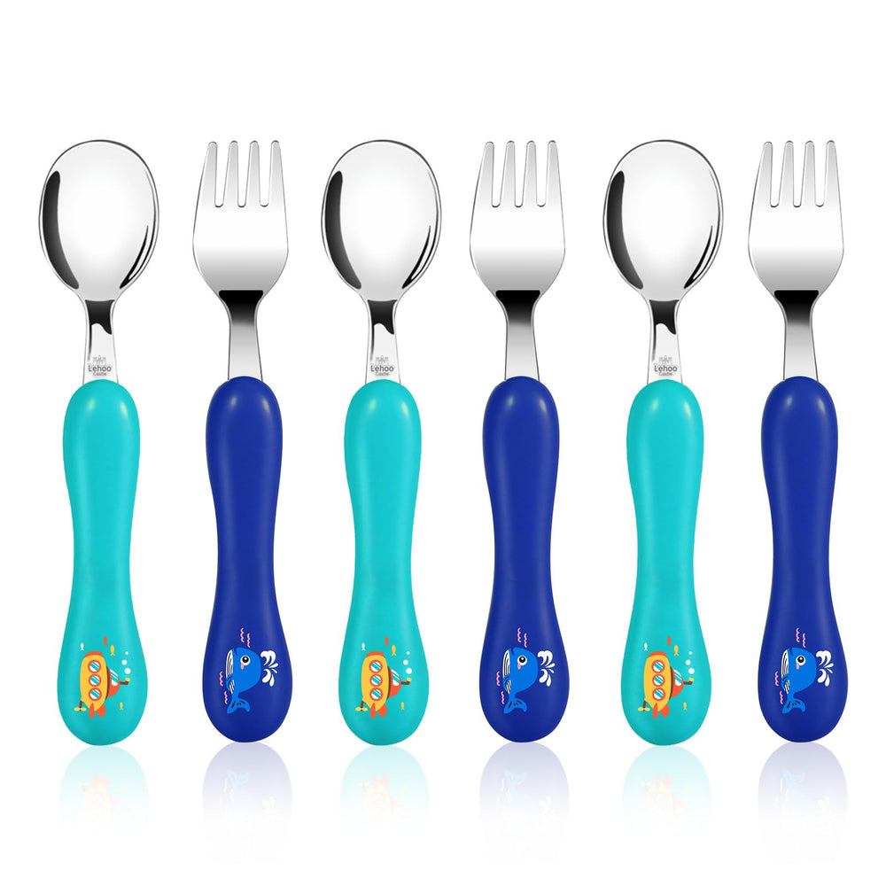 Lehoo Castle toddler utensils with submarine pattern engage kids at meals and promote independent eating.