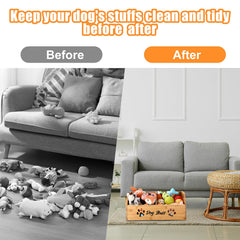 Leinuosen bamboo dog toy bin material highlights durable, wipe-clean storage for pet gear.