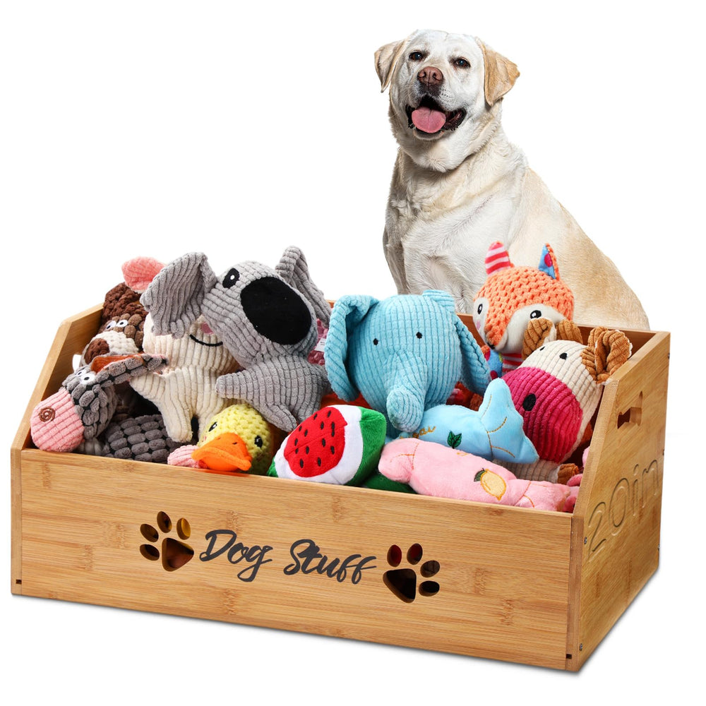 Leinuosen dog toy bin on wood surface highlighting natural bamboo finish for organized storage