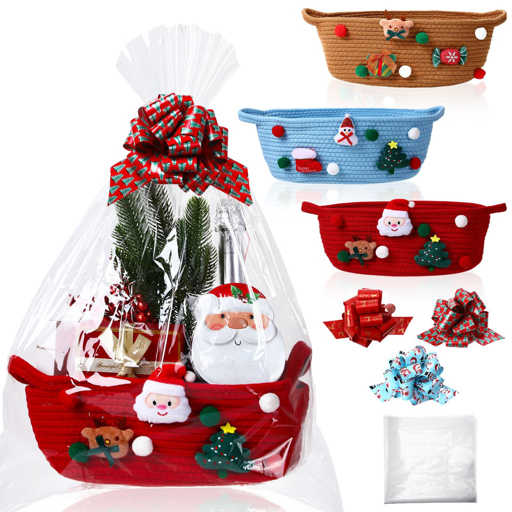 LemonRoad Christmas baskets in red, blue, and brown show sturdy cotton rope construction for versatile gifting and storage.