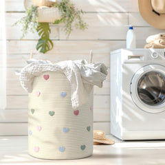 LemonRoad Macaron Heart Laundry Hamper close-up pattern showing soft cotton rope texture.