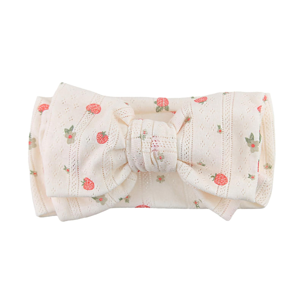 LemonSpace knotted double bows strawberry-print headband on newborn for everyday outfits.