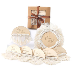 Let's Make boho baby milestone hello-world-sign enhances newborn photo memories.
