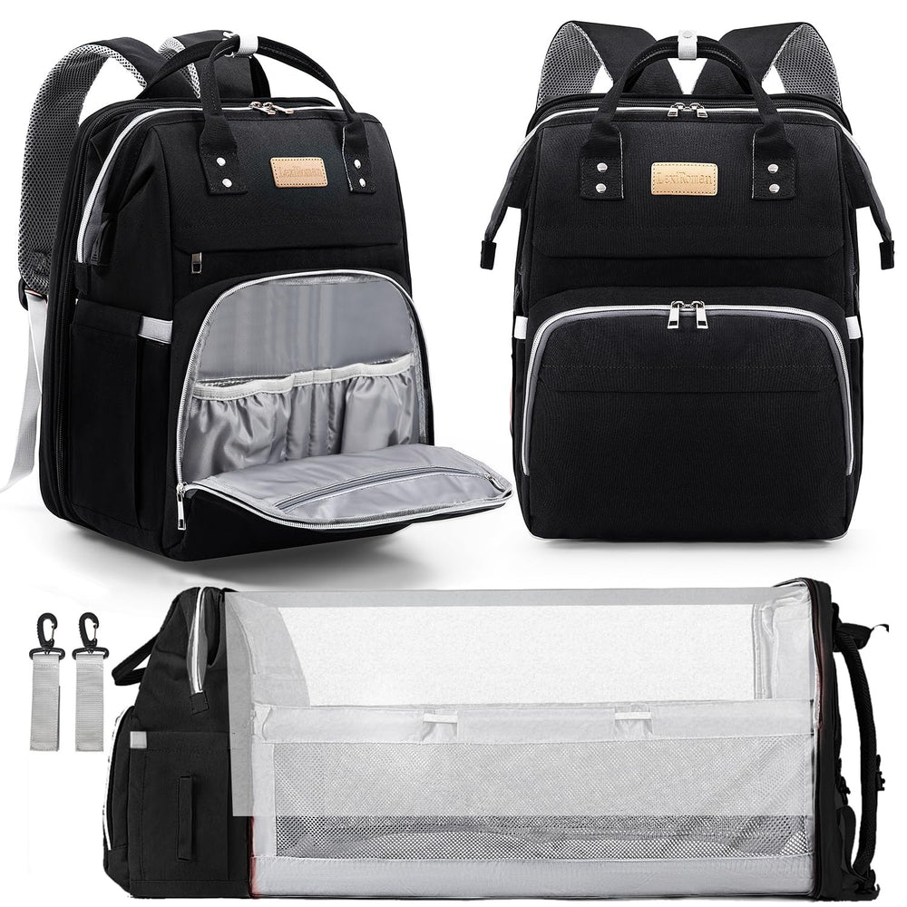 LexiRoman diaper bag backpack front view, showcasing organized pockets for on-the-go essentials.