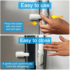 Lexng grey safety lock installed on fridge door showing secure closure and click signal