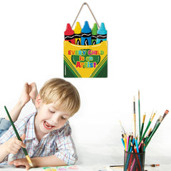 LHIUEM Colorful Crayon Wood Sign Decor close-up highlights durable wood texture for long-lasting decor.