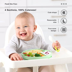 Li Zhao suction-plate on tray prevents spills during toddler meals.