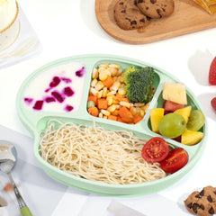 Li Zhao suction-spout baby bowl stays put during self-feeding for mess reduction.