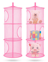 Libeder 3-tier pink hanging mesh storage full view for organized kids closet.