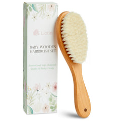 Lictin baby hair brush closeup showing natural soft goat hair for gentle daily grooming.