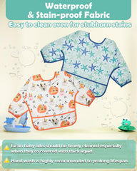 Lictin long sleeve bib Blue Starfish design contains crumbs and drips.