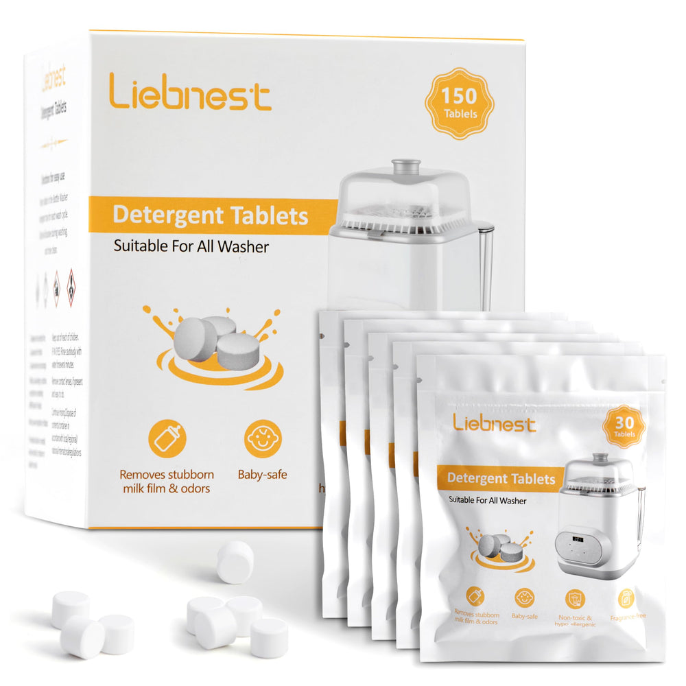 Liebnest 150pcs detergent tablets packaging highlighting compact travel-friendly storage.
