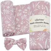 LifeTree baby swaddle blanket mauve floral close-up shows soft bamboo blend for gentle skin