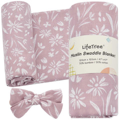 LifeTree baby swaddle blanket mauve floral close-up shows soft bamboo blend for gentle skin