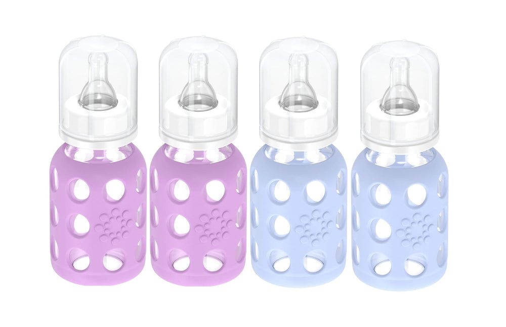 Lifefactory 4oz lavender sleeve bottle with easy-grip silicone protection.