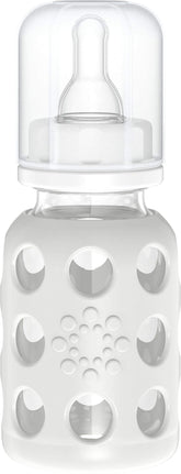 Lifefactory 4oz glass baby bottle full view with silicone sleeve for secure grip
