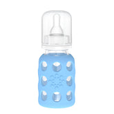 Lifefactory 4oz glass baby bottle with sky blue sleeve for easy grip