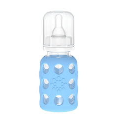 Lifefactory 4oz glass baby bottle with sky blue sleeve for easy grip