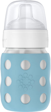 Lifefactory 8oz bottle denim front view shows durable stainless steel design for daily use