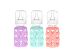 Lifefactory 4oz lavender bottle with silicone sleeve for easy grip.