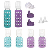 Lifefactory 4oz mint-lavender bottle with silicone sleeve enhances grip and protection