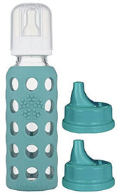 Lifefactory 9oz glass baby bottle with Kale silicone sleeve provides a secure grip.