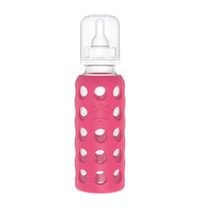 Lifefactory baby bottle nipples with various sizes illustrate adaptable feeding stages.