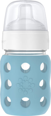 Lifefactory denim 8oz wide-neck bottle with silicone sleeve improves grip during feeding.