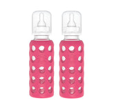 Lifefactory Raspberry baby bottle pack-2 ready for feeding with easy grip and safe materials.
