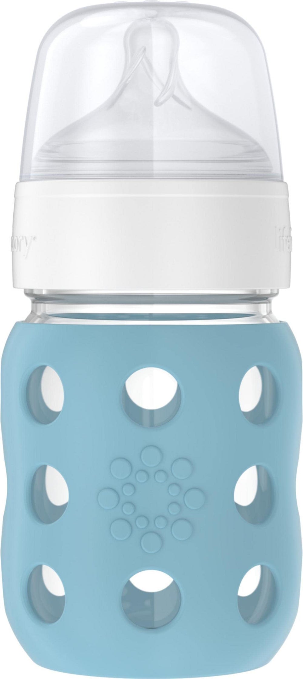Lifefactory wide-neck denim sleeve bottle with easy-grip silicone cover.
