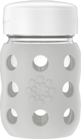 Lifefactory wide-neck glass baby bottle 8oz with stone gray silicone sleeve for easy filling and grip