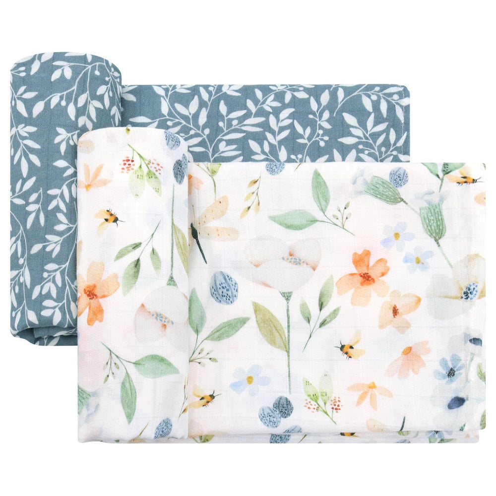 LifeTree baby swaddle blanket with blue floral leaf pattern keeps baby snug and cozy.