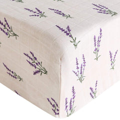 LifeTree crib sheets lavender pattern folded—soft breathable muslin for baby comfort.