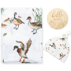 LifeTree mallard duck swaddle blanket close-up highlighting cozy muslin fabric for easy newborn comfort.