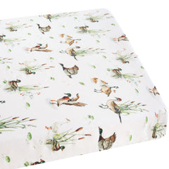 LifeTree mallard-pattern pad cover closeup, showcasing soft, breathable fabric for baby's sensitive skin.
