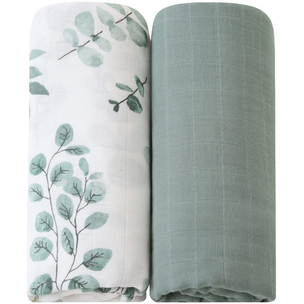 LifeTree muslin swaddle blanket with eucalyptus leaves for cozy, breathable wrap.