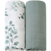 LifeTree muslin swaddle blanket with eucalyptus leaves for cozy, breathable wrap.