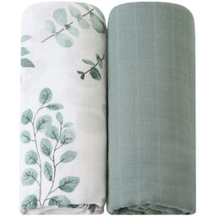 LifeTree muslin swaddle blanket with eucalyptus leaves for cozy, breathable wrap.