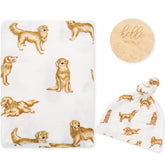 LifeTree muslin swaddle blanket with golden retriever pattern for newborn photos.