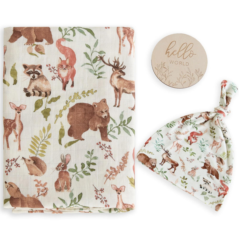 LifeTree muslin swaddle blanket in woodland forest animals showing breathable fabric