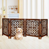 Lightnpro foldable carved wood dog gate on stairs offers flexible containment.