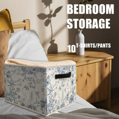 Likjad blue-white chinoiserie storage bin folded-flat demonstrates compact storage when not in use.