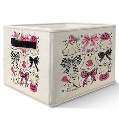 Likjad Halloween Ghost storage bin with a pink bow keeps toys organized and shelves charming.
