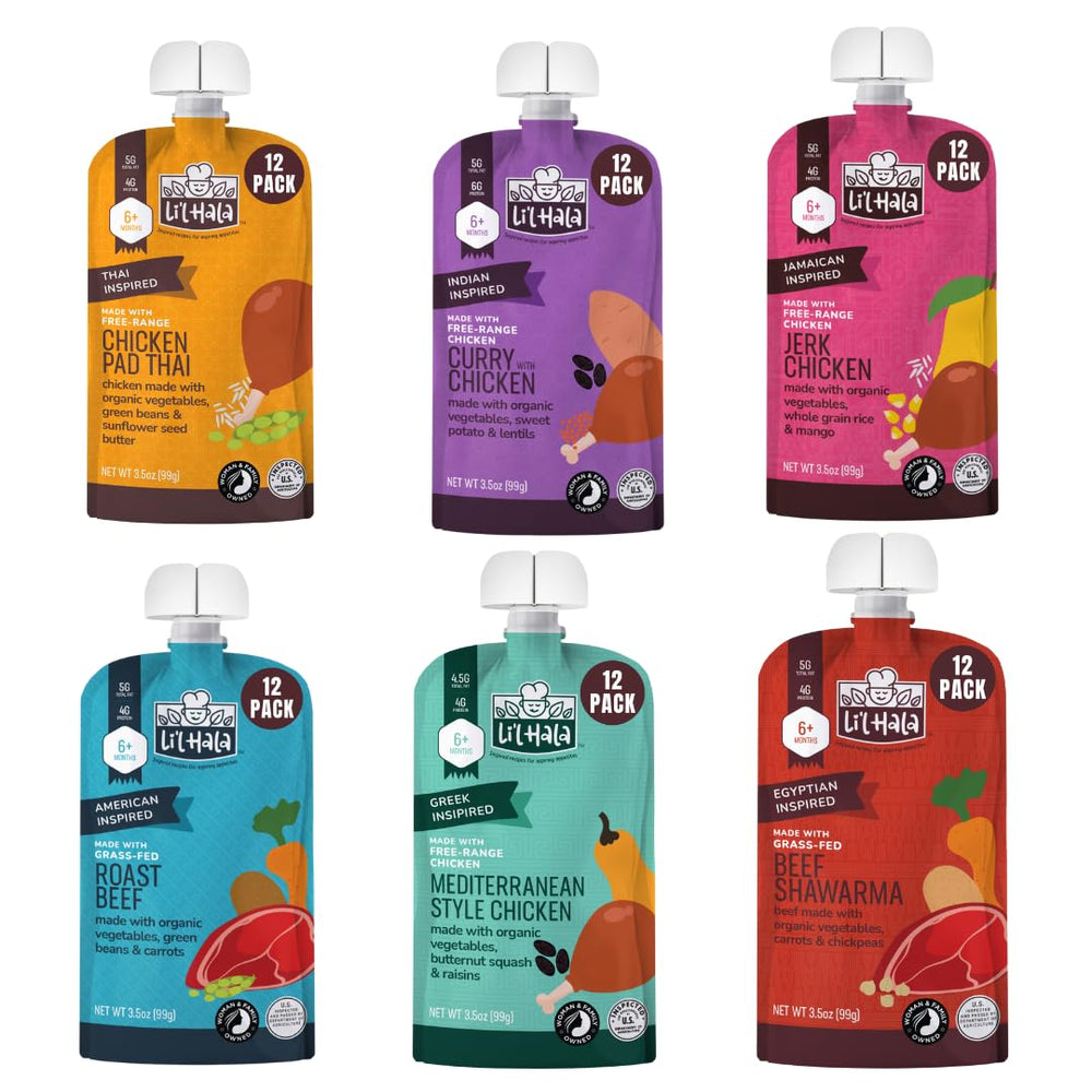 Li'l Hala Foods baby meat pouches with spoon—easy feeding for curious toddlers.