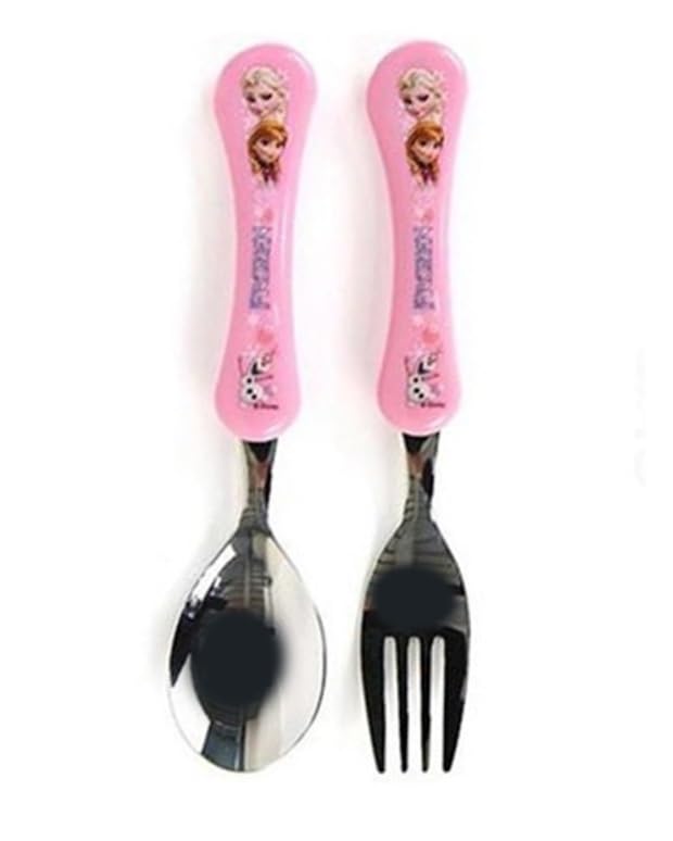 Lilfant Elsa spoon and fork pink set for kid-friendly meals with Elsa and Anna design.