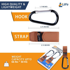 LilFe stroller hooks hold a water bottle for easy access during a stroll