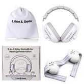 Lilian&Gema 2-in-1 baby ear muffs on plane providing noise protection for infants