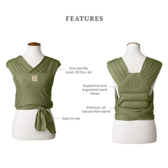 lillebaby dragonfly wrap moss back panel provides ergonomic support for parent comfort.