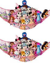 Lilly's Love coral corner hammock installed for easy plushie organization in a kid's room.