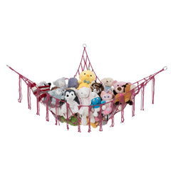 Lilly's Love stuffed animal hammock pink close-up knots highlights durable macrame for chic toy organization
